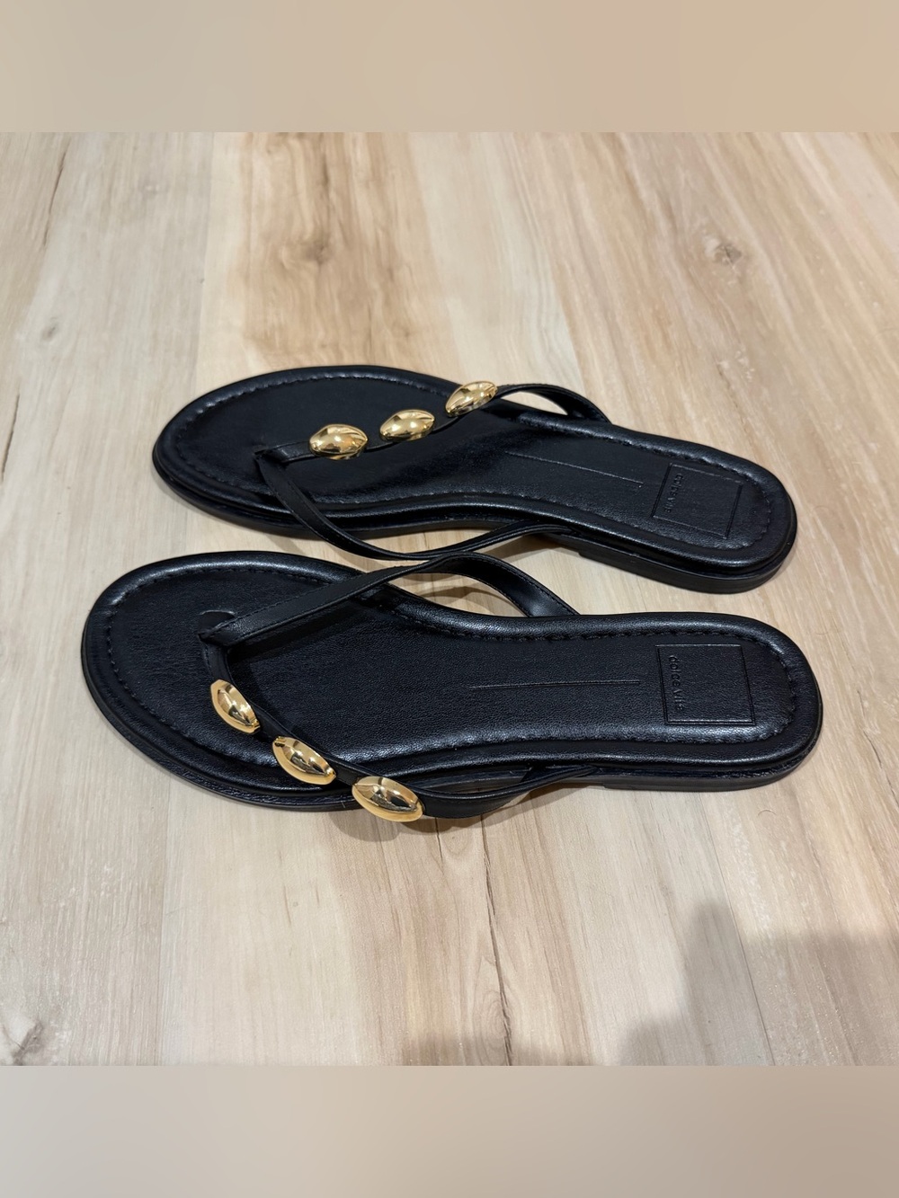Black Leather Thong Sandals with Gold Accent - Women